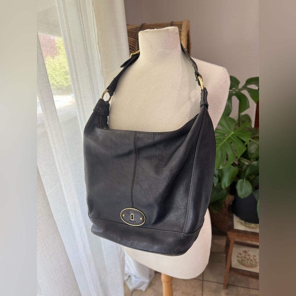 Fossil Markie Black Leather Hobo Shoulder Bag Purse Brass Hardware